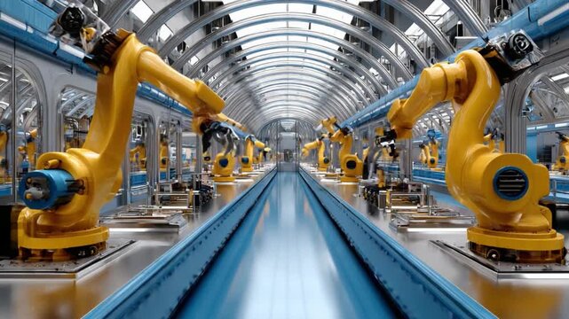 Robotic Precision: A vivid portrayal of automated production line, where a multitude of robotic arms performs their tasks with utmost precision.