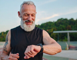 A fit senior man checking his smartwatch after a run. A concept of active, healthy retirement and technology
