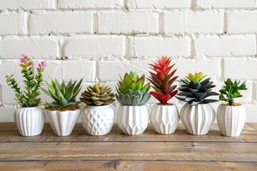 Various Artificial Succulents with Exotic Plants in White Ceramic Pots on a Wooden Table