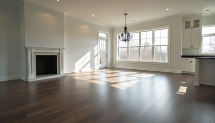 Bright, empty living room with fireplace and white walls. Modern kitchen countertop, new hardwood floors, and large windows letting in natural light. Home ready for family move in.