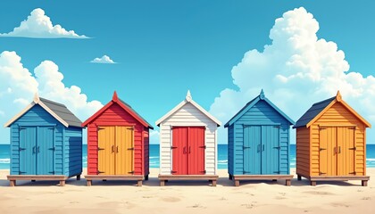 Colorful beach huts lined up on sandy shore under bright blue sky with fluffy clouds. Vibrant wooden structures in red, orange, blue offer cheerful seaside escape, perfect for summer vacation themes.