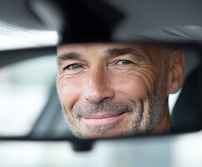 A close-up view of a man's face, smiling warmly, reflected in a car's rearview mirror. The soft light and subtle details emphasize his relaxed expression.