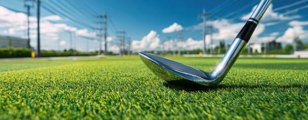 The golf club iron resting on vibrant green turf at a driving range