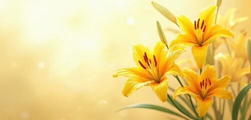 Vibrant yellow lilies with delicate petals bloom softly against blurred golden background. Lush green leaves and stems complement bright flowers, creating elegant, serene, and botanical aesthetic.