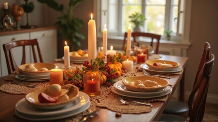 Elegant Dining Table Set for Holiday Meal with Candles and Autumn Decorations in Cozy Home Setting
