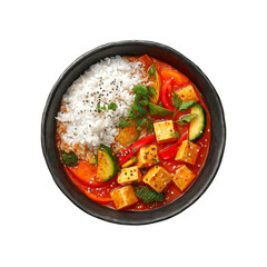 Delicious Tofu and Vegetable Curry with Rice in a Black Bowl