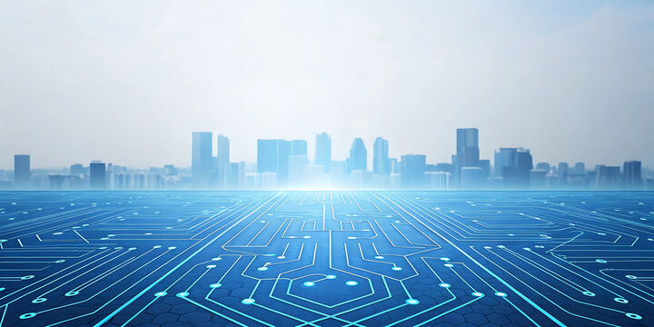 Digital city skyline with glowing circuit board pattern in the foreground representing technology and connectivity - Powered by Adobe