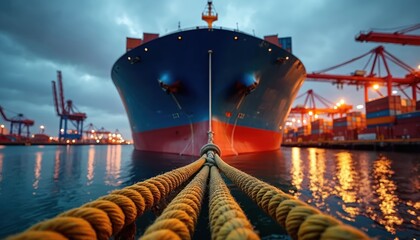 Massive cargo ship moored at port, secured by thick ropes. Loaded with containers, vessel awaits departure. Harbor cranes and stacked cargo boxes visible on dockside, illuminated by industrial lights.