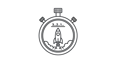 Minimalist line art icon of a stopwatch with a rocket launching and a 3, 2, 1 countdown.