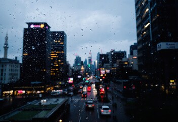 city view through window with rain drops