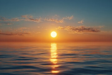 Golden sunset over a calm ocean. Sunrise/sunset reflected in water