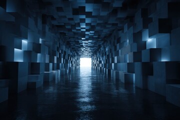 Dark, futuristic tunnel lined with large, square blocks of varying shades of blue.  A bright white light source is visible at the end of the tunnel, casting a reflective glow on the wet floor