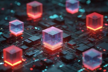 Digital cubes on circuit board, glowing with vibrant light