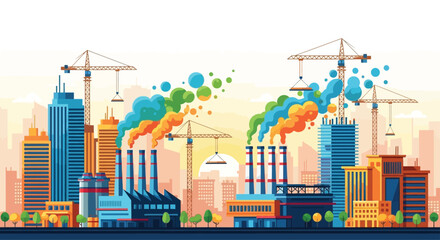 Obraz premium Colorful flat vector illustration of African city skyline with factories, smokestacks, and cranes, symbolizing progress and development