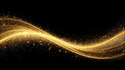 A luminous wave of golden glitter and shimmering sparkles creating an elegant and magical light effect on a dark isolated background