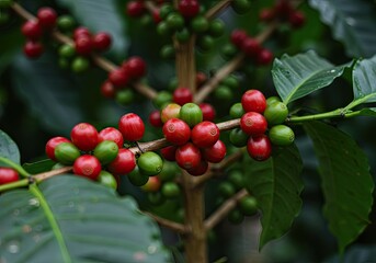 fresh arabica coffee beans ripening on tree in north of thailand