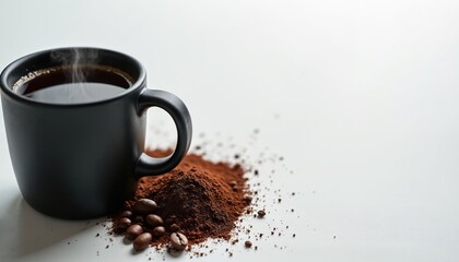 Steaming dark coffee in black mug with roasted beans and ground powder. Rich, strong aroma, smooth, bitter flavor. Caffeine boost for morning energy. Delicious hot beverage for breakfast, cafes.