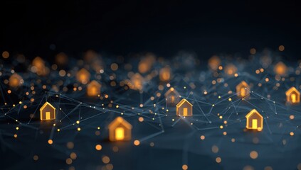Digital cityscape of glowing homes connected by a network