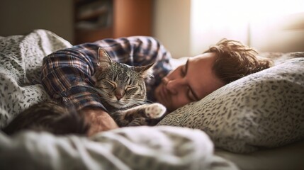 Ultimate Relaxation: The Heartwarming Bond of a Man and His Cat Napping in a Cozy Bed