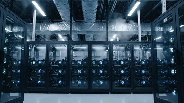 Modern data center with rows of server racks showcasing powerful computing technology for cloud storage and processing, innovation - Powered by Adobe
