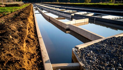 Water Treatment Channels Reflecting Sky in Concrete Structures
