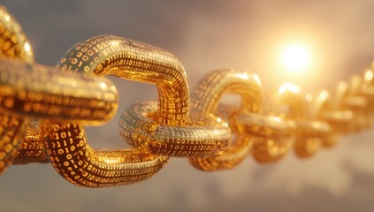 Golden chain links, intricately detailed with binary code, against a backdrop of a bright, golden sunlit sky