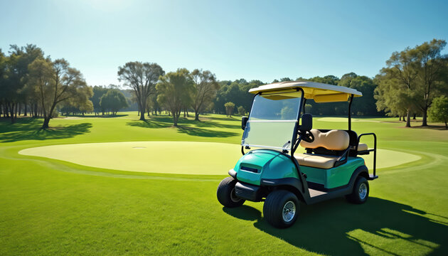 Green golf cart parked on manicured golf course fairway under clear blue sky. Green grass surrounds vehicle, with trees lining background. Scene conveys sense of leisure, sport on bright, sunny day,