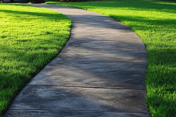 High Quality Visual of Concrete Walkway in the Park with Green Grass,
