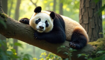 Obraz premium Adorable giant panda rests on a mossy tree branch in a rich forest. This cute, fluffy mammal with black and white markings lounges peacefully, enjoying a tranquil moment in its natural habitat.