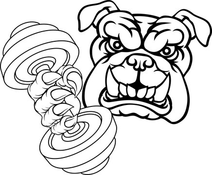 bulldog lifting dumbbell, black and white clip art preview