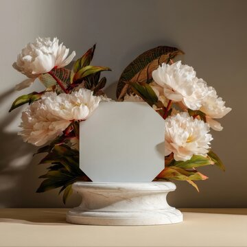 Elegant still life with three white peonies arranged around a decagonal glass ceramic object on marble pedestal surround