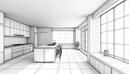 Modern kitchen wireframe rendering. Minimalist interior design features cabinets, countertop, island with bar stools, sink, appliances. Large windows allow natural light. Architectural illustration