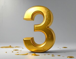 Golden number three with liquid splashes on surface