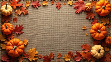 Autumn Pumpkins and Maple Leaves Frame on Burlap Background for Fall Seasonal Decoration