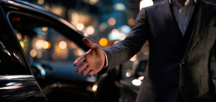 The businessman extends a hand for a welcoming gesture at night.