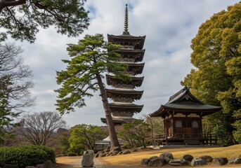 japanese temple with leaning tree