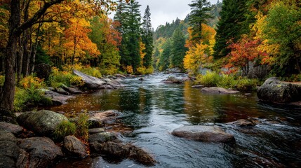 Serene river flowing through a forest in autumn colors.