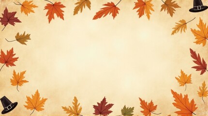 Autumn Maple Leaves Frame with Pilgrim Hats for Fall Thanksgiving Celebration