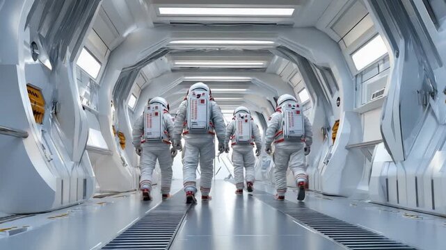 Astronauts on Mission: A group of astronauts, clad in sleek space suits, march purposefully through the futuristic, illuminated corridor of a spaceship, embarking on an exploratory mission.