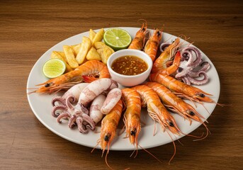 seafood side dishes with platter of shrimp squids and fish