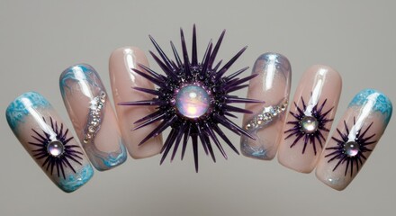 Avant-garde nail design with a 3D spiky sea urchin jewel and sparkling cosmic details