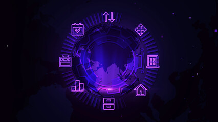 Futuristic Digital Infographics With Purple Global Technology Patterns