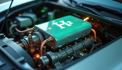 Fototapeta premium Illustration of hydrogen fuel cell technology in vehicle. Green component marked with H2 signifies clean energy. Advanced automotive engineering for sustainable transportation solutions, reduced