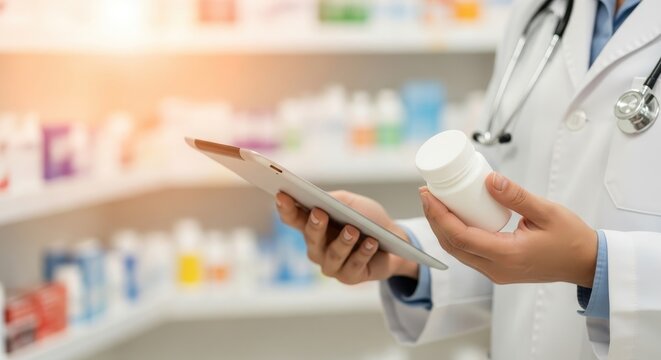 Pharmacist in white coat holding digital tablet and medication bottle with blurred pharmacy background