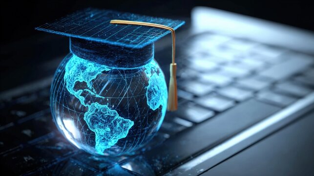 A digital globe representing Africa is capped with a graduation hat, symbolizing the connection between education and technology