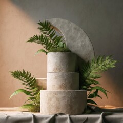 Three cylindrical concrete planters of varying heights stacked against a softly lit wall with green plants growing from 