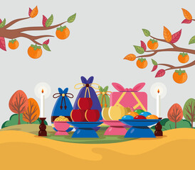 Fototapeta premium Chuseok Korean harvest festival illustration – full moon, lanterns and gifts