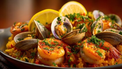 Close-up of a flavorful seafood paella