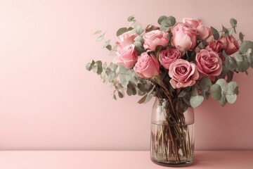 Naklejka premium A blush pink rose bouquet with eucalyptus sprigs, arranged in a clear glass vase, sits against a pale pink wall
