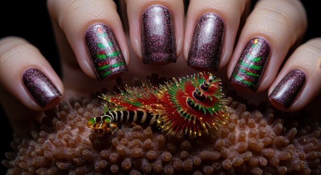 Festive Christmas Tree Nails Adorned on Hands With Coral Background